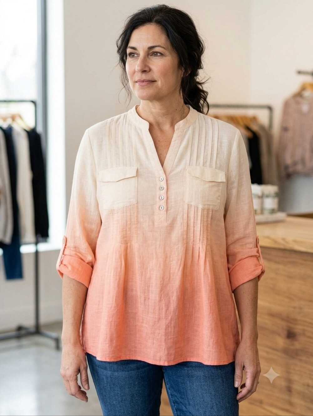 ZAC & RACHEL Ombre Dip Dye Tunic Blouse XL Coral Peach Cream Roll Tab Pintuck